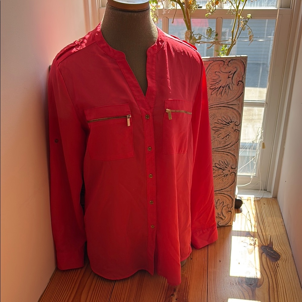 Lightweight Coral Pink Button-Up Blouse with Chest Zip Pockets